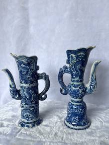Vintage Blue & White Dragon Small Ewer Pair