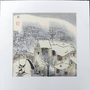 Clearance Watercolor Art Snowy Village Bridge