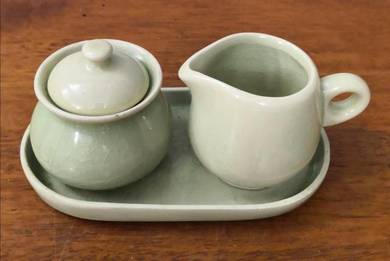 Vintage celadon sugar bowl creamer jar tray