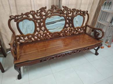 Chinese marble-inlay carved bench