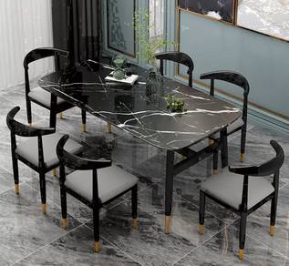 Meja Makan Set curve design marble 6 chairs
