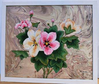 Framed Floral Painting with Marbled Background