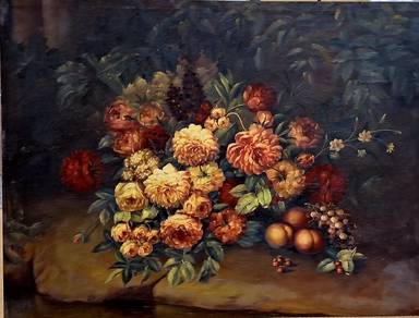 Vintage Oil Painting Floral Abundance With Fruits