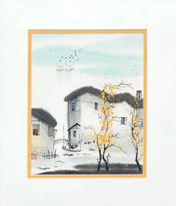 Watercolor Village in Autumn Snow with Seal