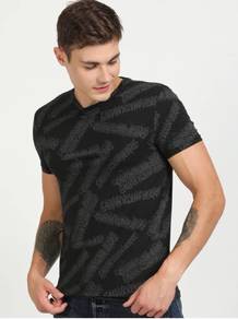 Men Printed Cotton Blend Black, Grey Tee
