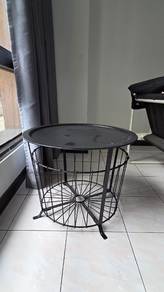 Black Metal Round Side Table with Basket Storage