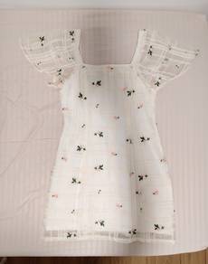 White Sheer Grid Dress with Floral Embroidery