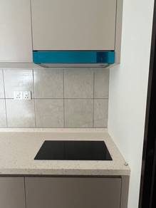kitchen cabinet with stainless steel, hood and hob