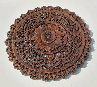 Large Round Wood Carved Floral Wall Art.Tropical