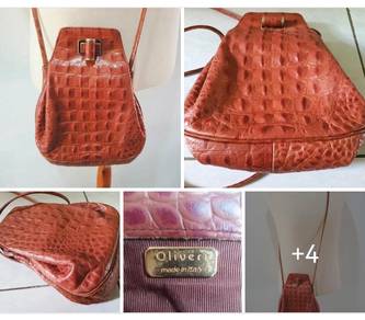Drawstring crocodile skin pattern leather shoulder