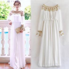 White ink beads gold long sleeve dress RBP1095