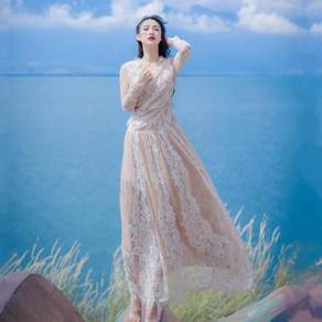 White nude lace long sleeve maxi dress elegant