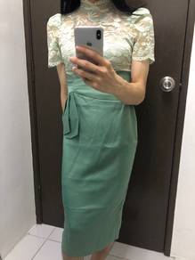 Satin party dinner dress high neckline puff sleeve