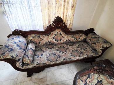 3-in-1 Teak Wood Sofa Set with Rose Abstract