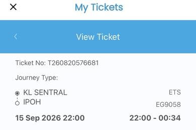 ETS Ticket KL Sentral-Ipoh 15Sep26 10pm