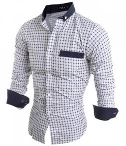 J9281 Kemeja Hitam Putih Petak Lengan Panjang Men