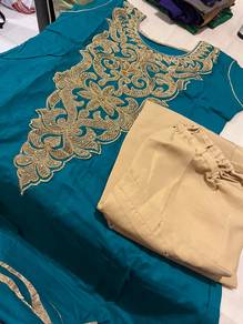 Turquoise Gold Embroidered Beads Kurti Suit Set