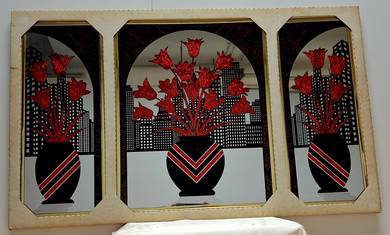 Vintage Triptych Mirror with Red Glitter Tulips an