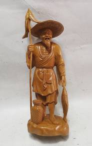 Antique Carving Japanese Fisherman Wood Intricate