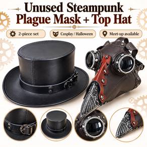 Unused Steampunk Plague Doctor Mask + Top Hat Set