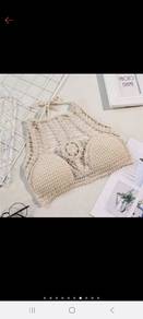 Beige Crochet Halter Neck Crop Top