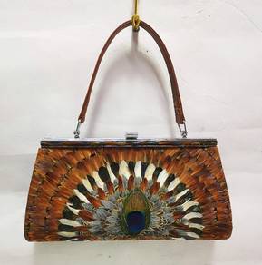 Vintage Peacock Feather Handbag Clutch purse gold