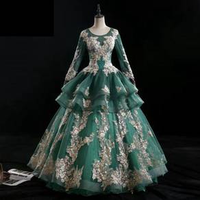 Red green gold long sleeve wedding gown RB1509