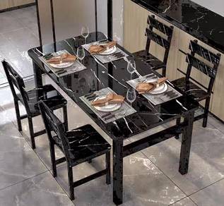 Meja Makan set 4 kerusi design marble hitam