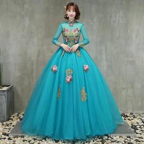 Blue cheongsam long sleeve prom wedding dress