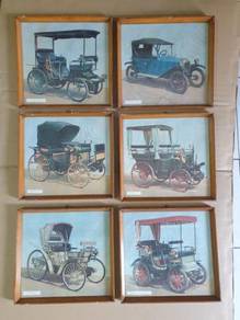 (B614) Vintage Wooden Frame Antique Car Picture