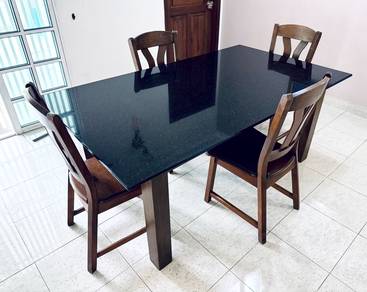 Solid Black Galaxy Granite Dining Table Set Chairs