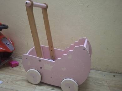 Pink Wooden Doll Pram with Crown and Heart Decals