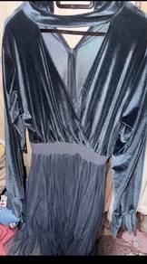 blue medi dress velvet + ruffle