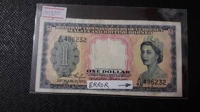 Malaya BOC QE 1 Dollar 1953 Error