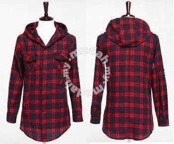 0297 Swag Hoodie Red Plaid Long Sleeved Men Shirt