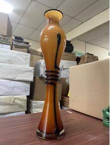 Tall Amber Glass Vase with Black Swirl Detail