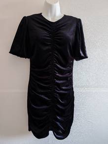 Midi Black Velvet Ruched Dress Baju Dress Baldu