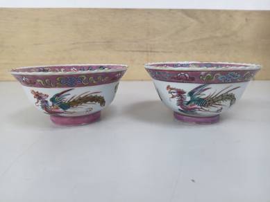 娘惹凤凰牡丹纹瓷碗一对 | Peranakan Nyonya Phoenix Peony Bowls
