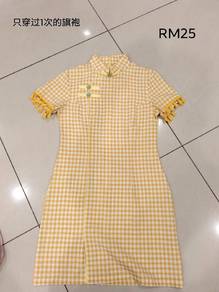 Yellow plaid cheongsam dress