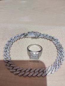 Iced-Out Cuban Link Silver Bracelet & Ring Set