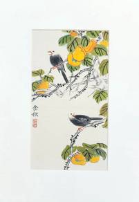 Watercolor Birds & Persimmons – Framed with Seal