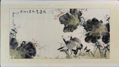 Chinese Ink Painting of Cranes and Lotus Flowers