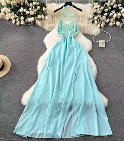 Mint halter neck evening dinner prom dress gown