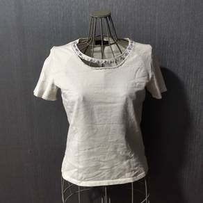 Lanvin Cream Blouse Top Jeweled Beads Collar