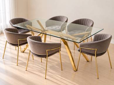 Glass Top Dining Table with 6 velvety chairs