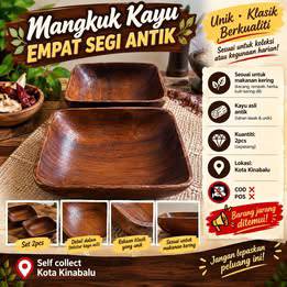 Mangkuk kayu empat segi antik