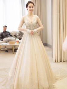 Cream glitter long sleeve wedding gown RB1328
