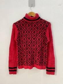 French Connection Red Black Fuzzy Knit Sweater