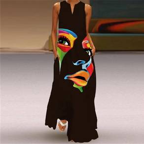Sleeveless V neck Face Print Dress