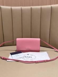 Prada Saffiano Wallet On Chain In Pink Saffiano